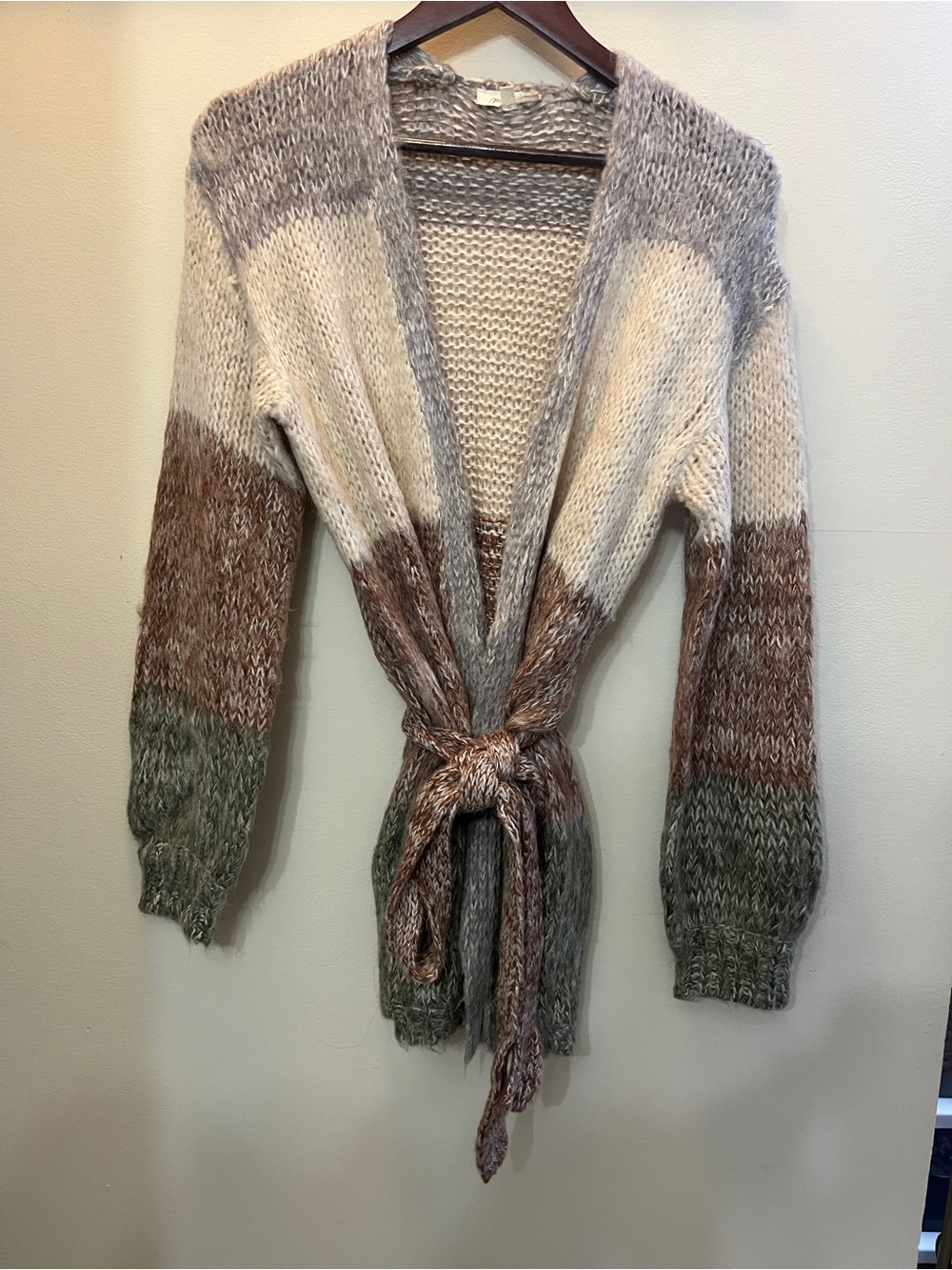Mystree Striped Tie-Waist Open Cardigan - Cream, Gray, Brown & Green